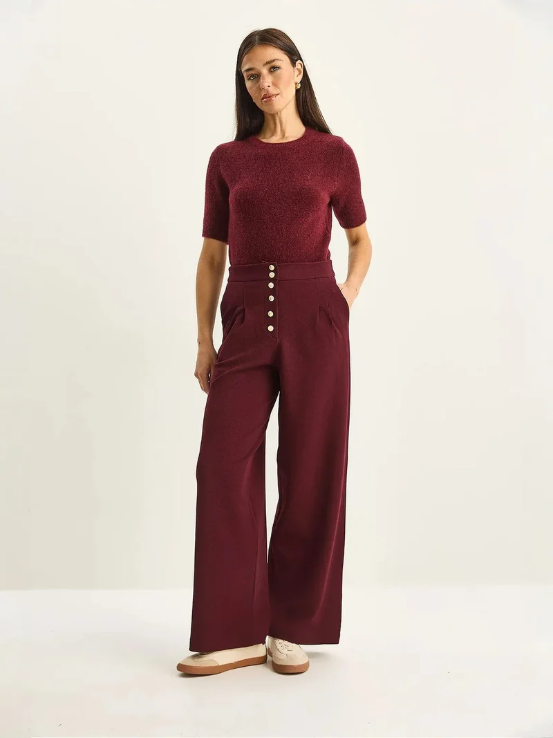 Bianco Lucci Burgundy Red LUCCI High Waist Wide Leg Palazzo Pants for Women | Best Price UAE